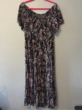 Maurices Black Floral Off-Shoulder Maxi Dress with Pink and Blue Accents